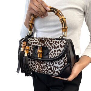 GUCCI Vintage Bamboo Leopard 2way Handbag Crossbody Bag Pony Calf Hair [106452]